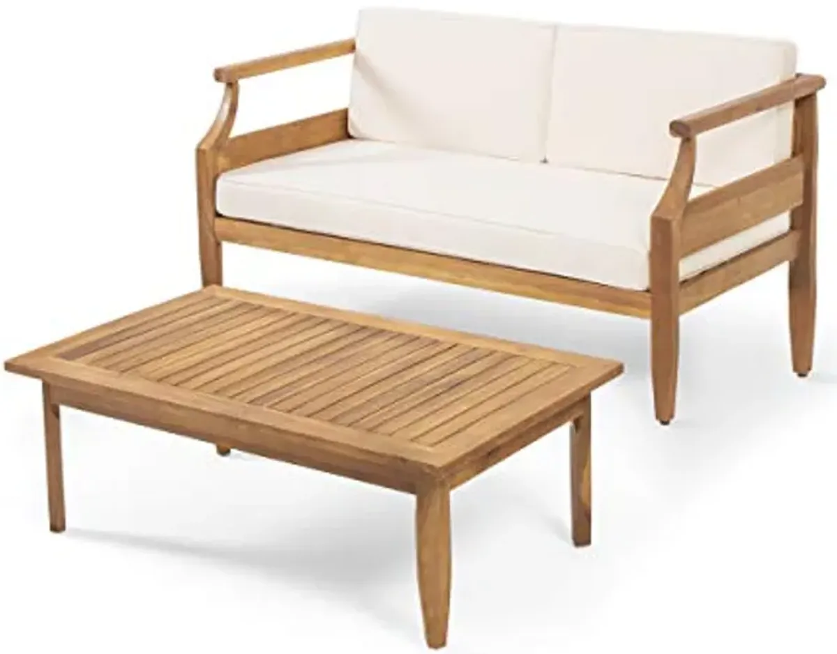 Christopher Knight Home Gallia Outdoor Loveseat Set, Teak Finish, Cream