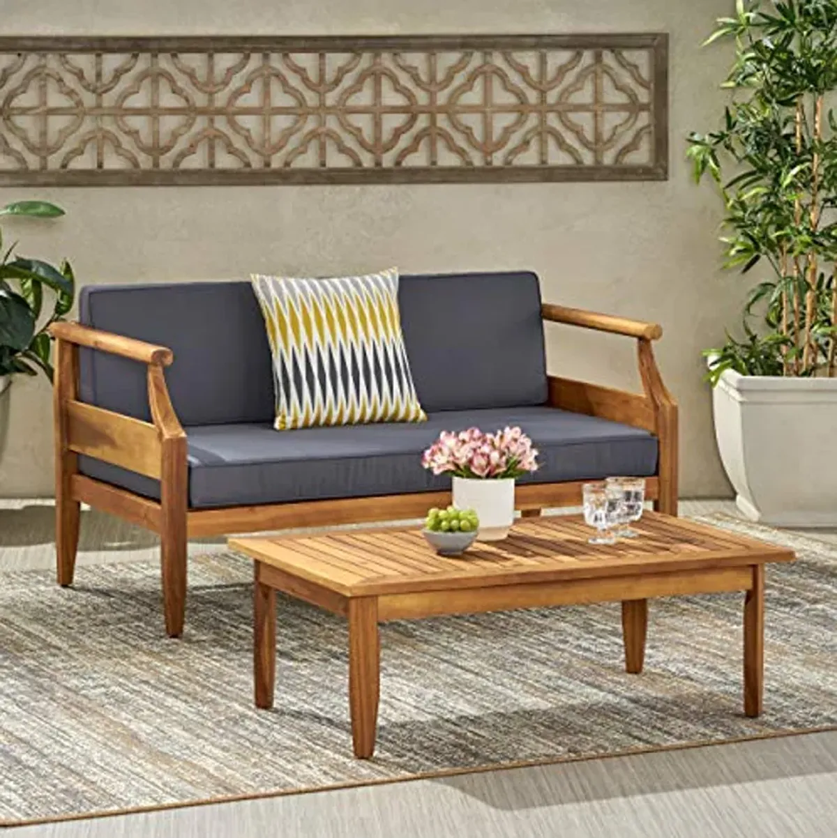 Christopher Knight Home Gallia Outdoor Loveseat Set, Teak Finish, Dark Gray