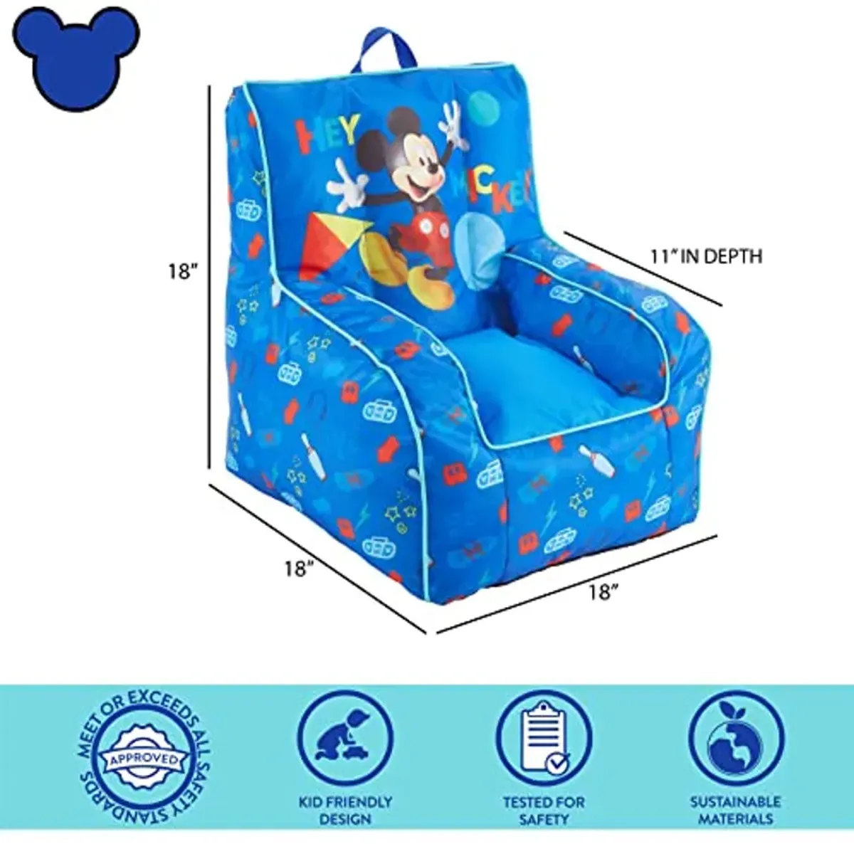 Idea Nuova Disney Mickey Mouse Kids Nylon Bean Bag Chair with Piping & Top Carry Handle, Large