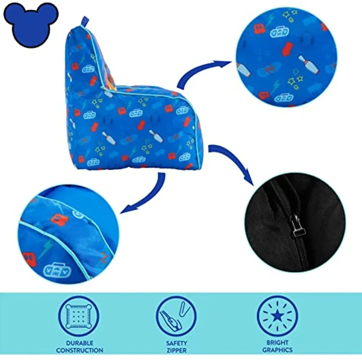 Idea Nuova Disney Mickey Mouse Kids Nylon Bean Bag Chair with Piping & Top Carry Handle, Large