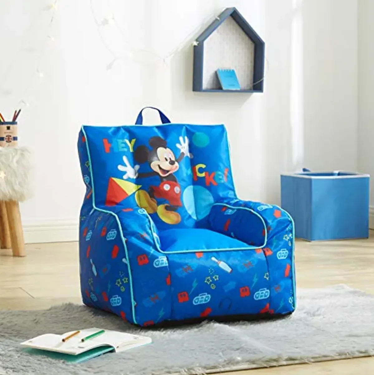 Idea Nuova Disney Mickey Mouse Kids Nylon Bean Bag Chair with Piping & Top Carry Handle, Large