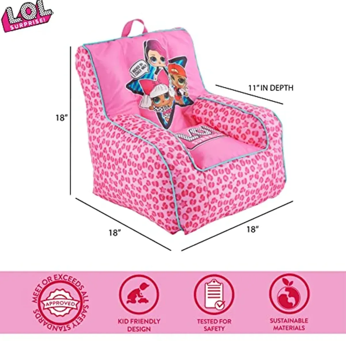 Idea Nuova LOL Surprise Kids Nylon Bean Bag Chair with Piping & Top Carry Handle, Large