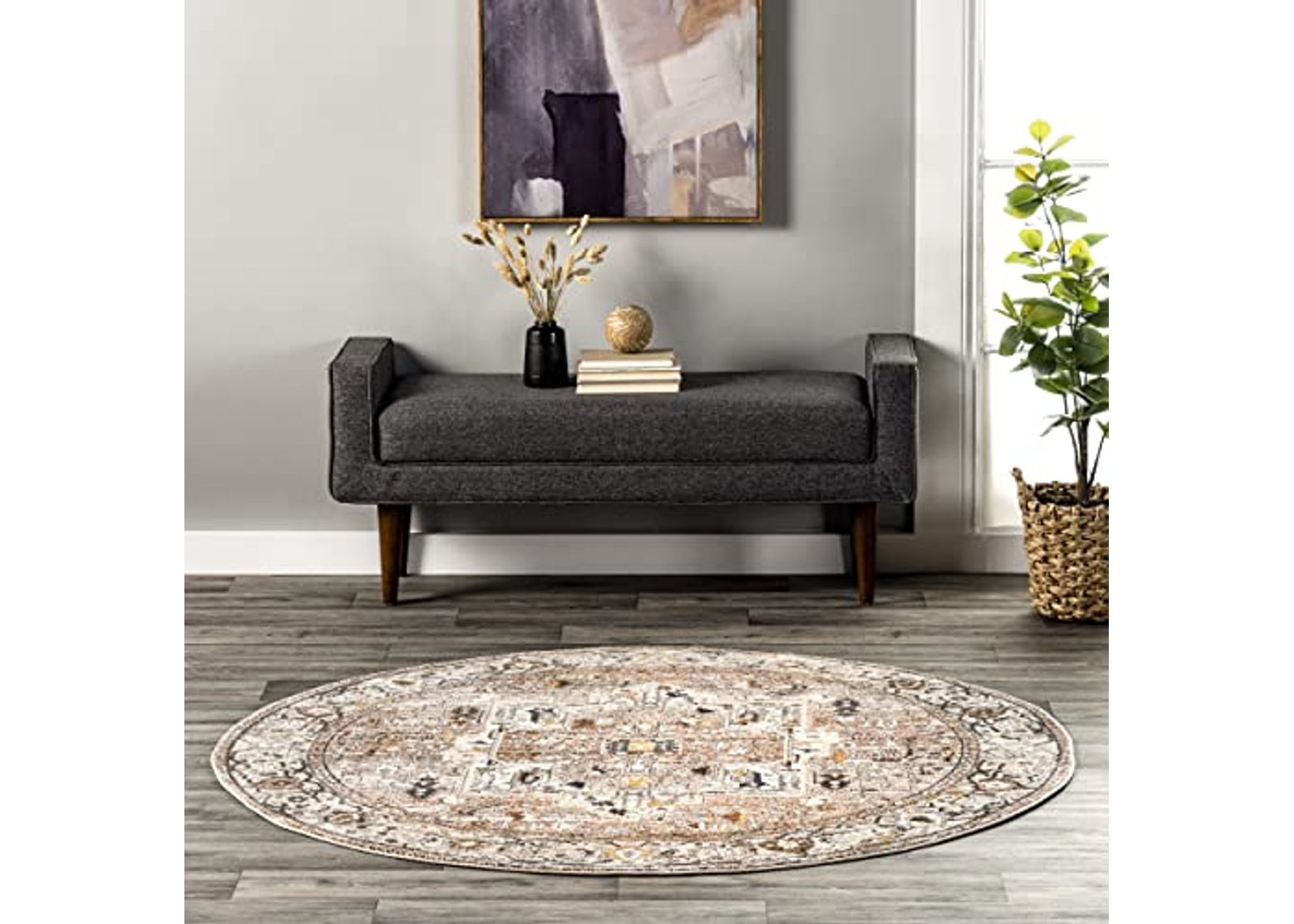 nuLOOM Harriet Vintage Medallion Fringe Area Rug, 5' Round, Light Brown