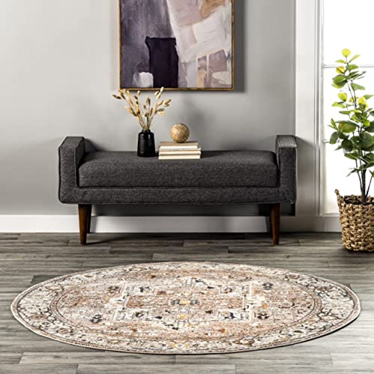 nuLOOM Harriet Vintage Medallion Fringe Area Rug, 5' Round, Light Brown