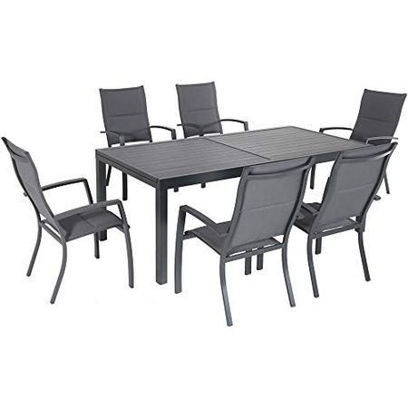 Hanover Naples 7-Piece Outdoor Dining Set with 6 Padded Sling Chairs and Expandable Dining Table in Gray