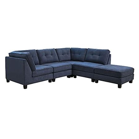 Abbyson Living Fabric Upholstered 5-Piece Modular Sectional Sofa with Coordinating Ottoman, Navy