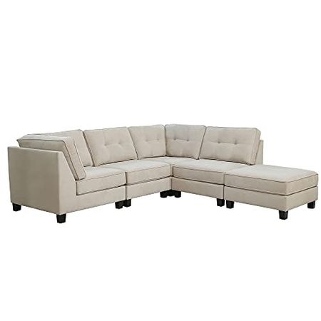 Abbyson Living Fabric Upholstered 5-Piece Modular Sectional Sofa with Coordinating Ottoman, Ivory