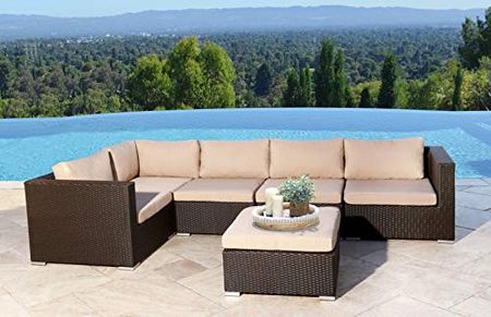 Abbyson Living Outdoor Patio Sofa Modular Wicker Sectional Couch and Matching Ottoman, Espresso Brown