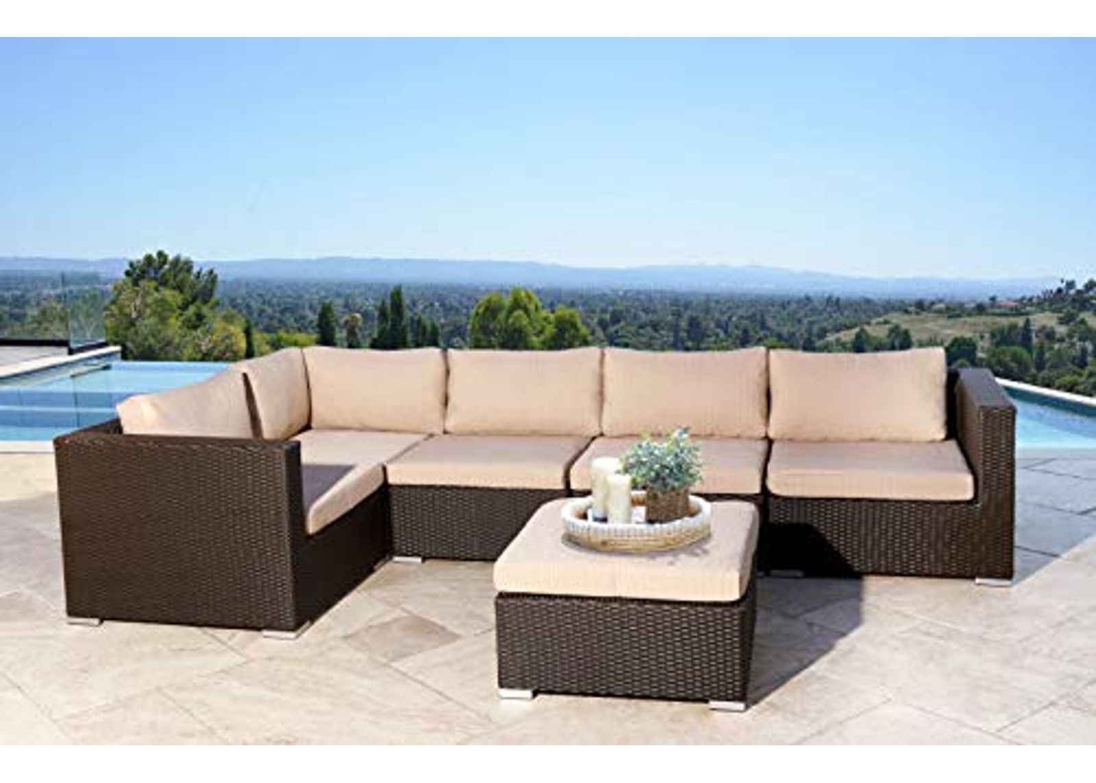 Abbyson Living Outdoor Patio Sofa Modular Wicker Sectional Couch and Matching Ottoman, Espresso Brown