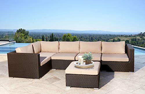 Abbyson Living Outdoor Patio Sofa Modular Wicker Sectional Couch and Matching Ottoman, Espresso Brown