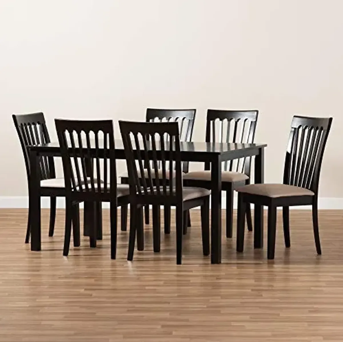 Baxton Studio Minette Dining Set - Sand Fabric Upholstered, Espresso Brown Finished Wood, 7-Piece