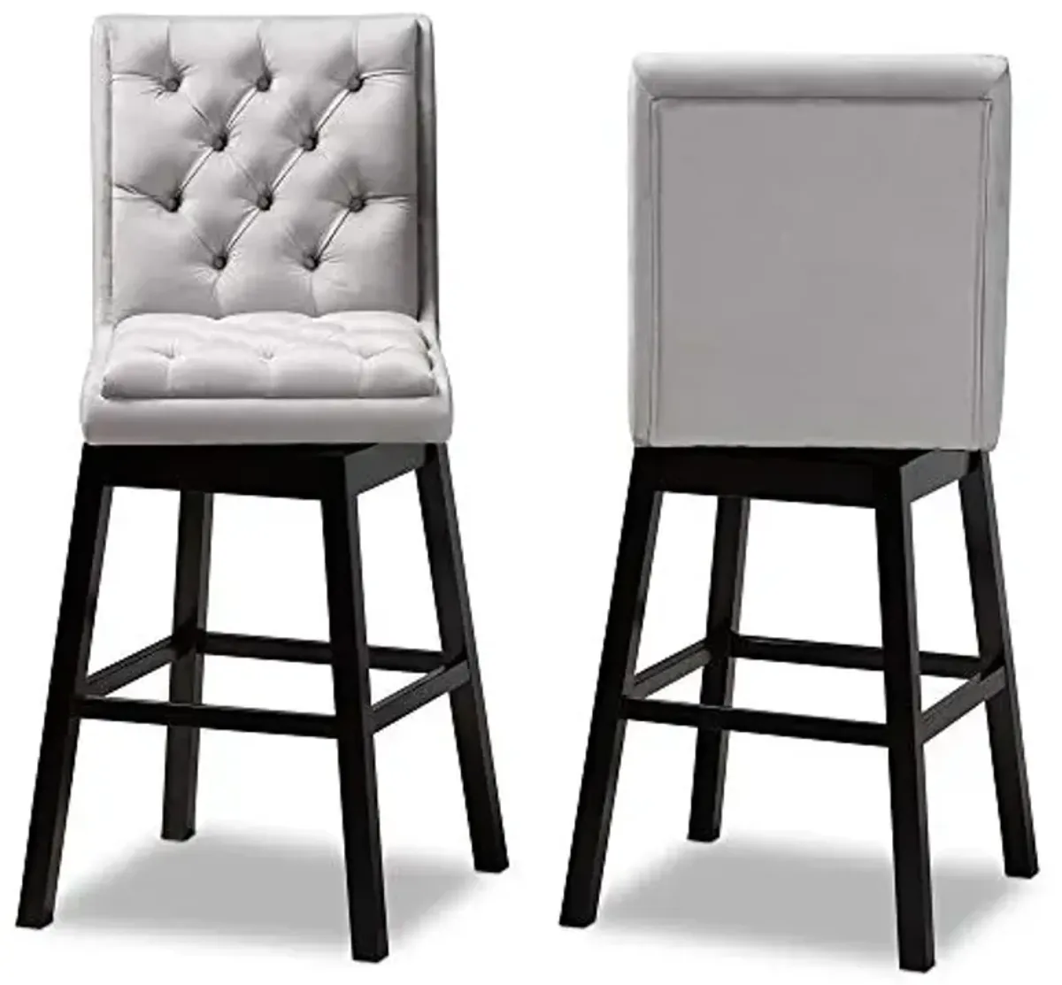 Baxton Studio Gregory Modern Transitional Light Grey Velvet Fabric Upholstered and Dark Brown Finished Wood 2-Piece Swivel Bar Stool Set