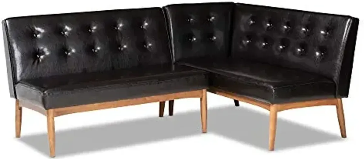 Baxton Studio Arvid Mid-Century Modern Dark Brown Faux Leather Upholstered 2-Piece Wood Dining Corner Sofa Bench