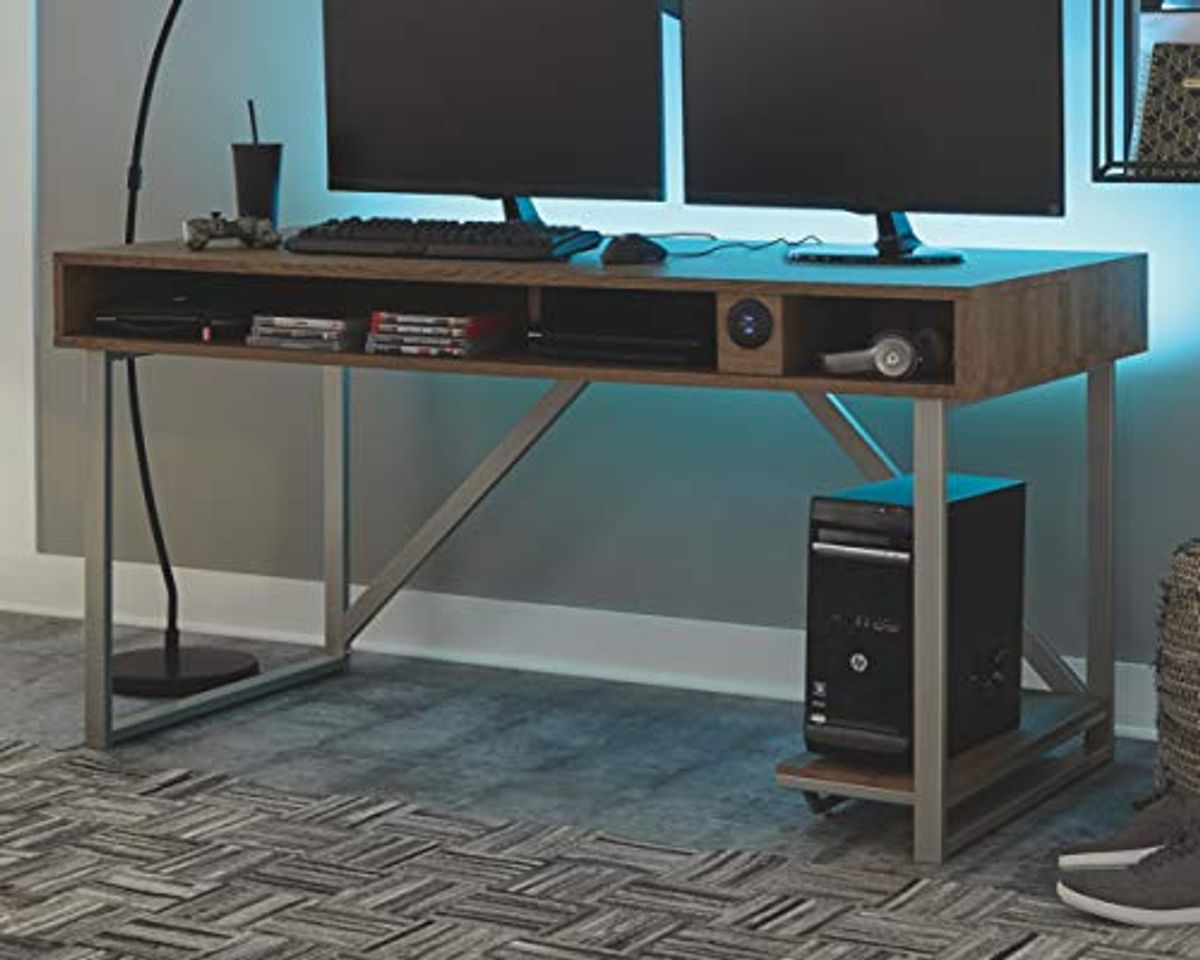 Signature Design by Ashley Barolli Industrial 60" Gaming Desk with LED Back Light, USB Port & Monitor Stand, Brown