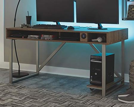 Signature Design by Ashley Barolli Industrial 60" Gaming Desk with LED Back Light, USB Port & Monitor Stand, Brown