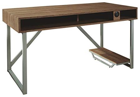 Signature Design by Ashley Barolli Industrial 60" Gaming Desk with LED Back Light, USB Port & Monitor Stand, Brown