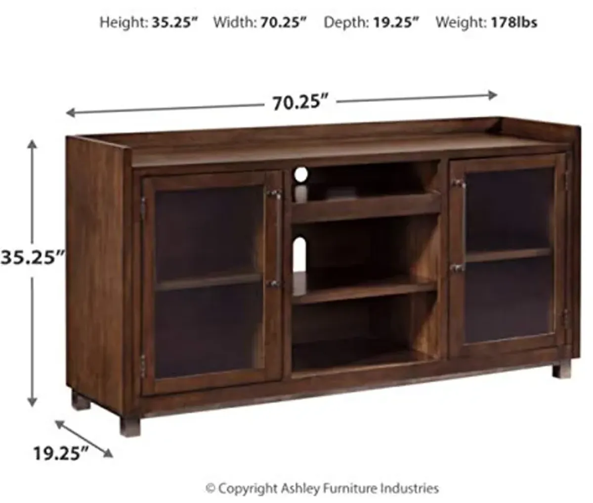 Signature Design by Ashley Starmore Urban TV Stand Fits TVs up to 68", 2 Glass Cabinets and Adjustable Shelves For Storage, Brown