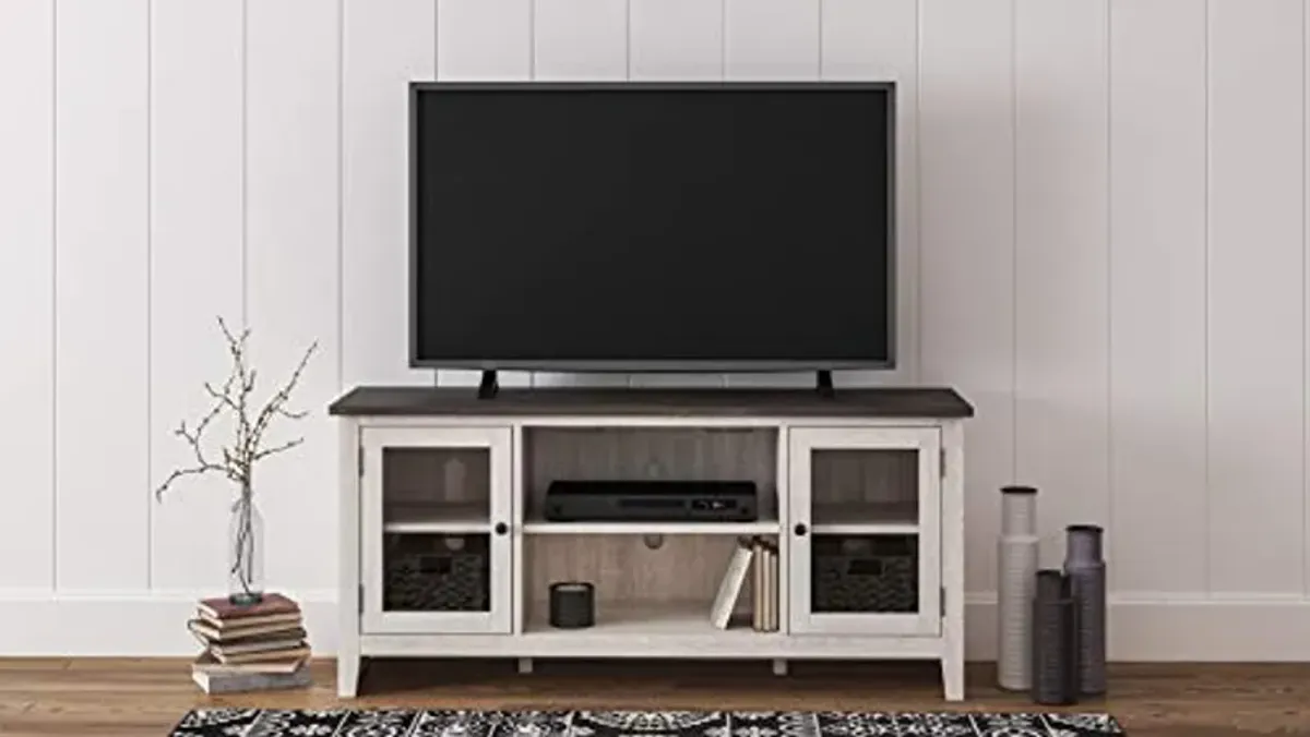 Signature Design by Ashley Dorrinson Farmhouse TV Stand with Fireplace Option, Fits TVs up to 58", Whitewash