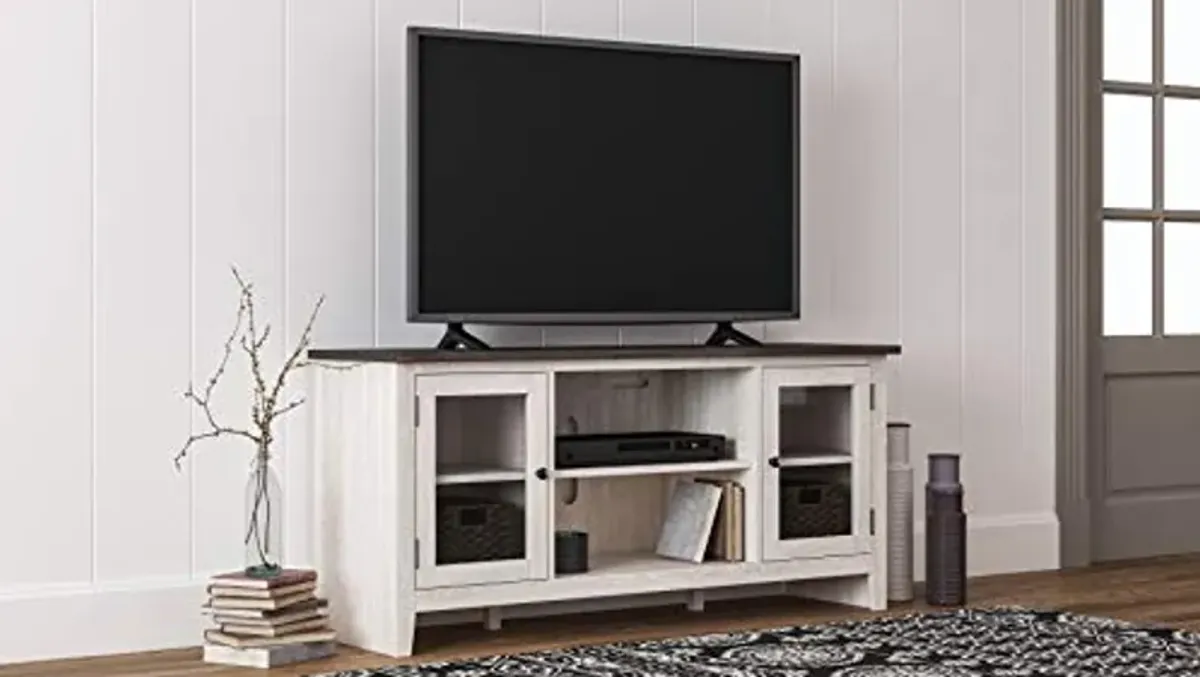 Signature Design by Ashley Dorrinson Farmhouse TV Stand with Fireplace Option, Fits TVs up to 58", Whitewash