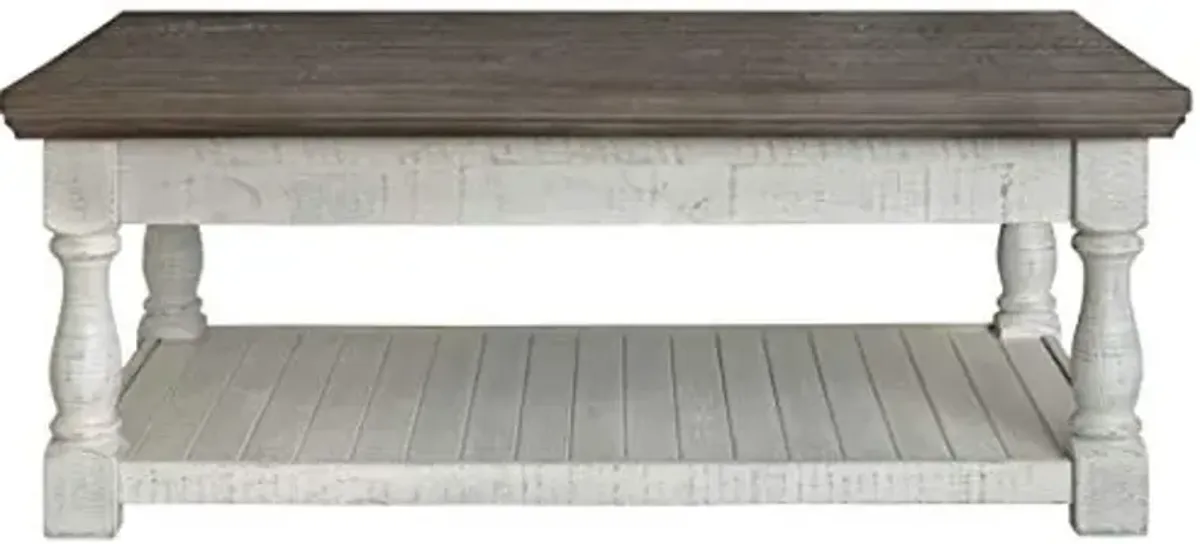 Signature Design by Ashley Havalance Farmhouse Lift Top Coffee Table with Fixed Shelf and 2 Hidden Storage Trays, Gray & White with Weathered Finish