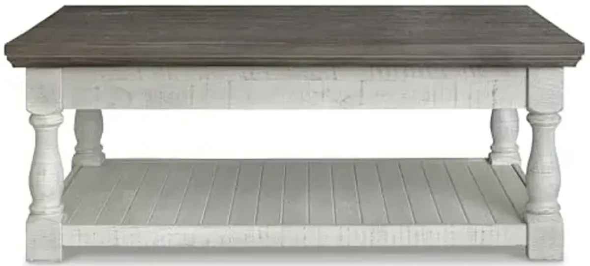 Signature Design by Ashley Havalance Farmhouse Lift Top Coffee Table with Fixed Shelf and 2 Hidden Storage Trays, Gray & White with Weathered Finish