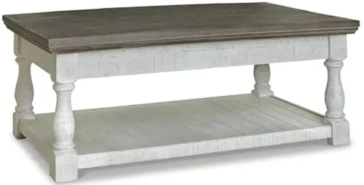 Signature Design by Ashley Havalance Farmhouse Lift Top Coffee Table with Fixed Shelf and 2 Hidden Storage Trays, Gray & White with Weathered Finish