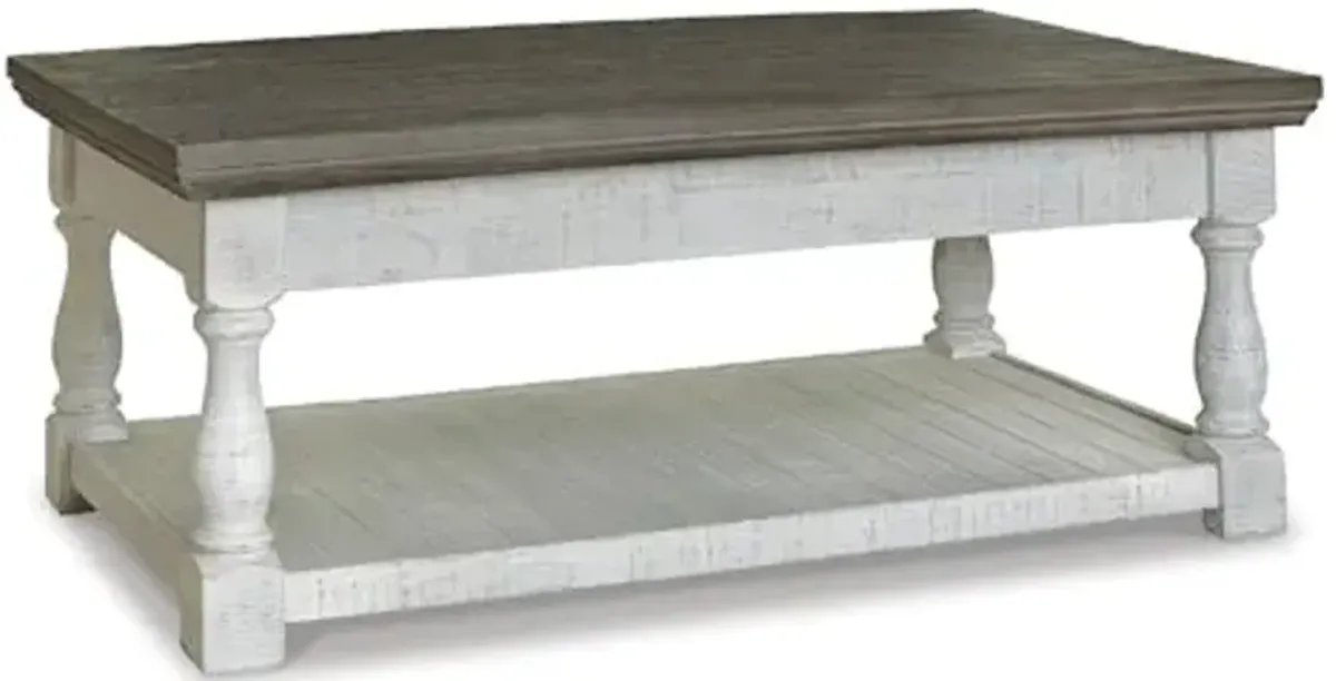 Signature Design by Ashley Havalance Farmhouse Lift Top Coffee Table with Fixed Shelf and 2 Hidden Storage Trays, Gray & White with Weathered Finish