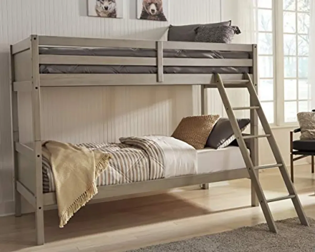 Signature Design by Ashley Lettner Traditional Twin Over Twin Bunk Bed with Ladder, Light Gray