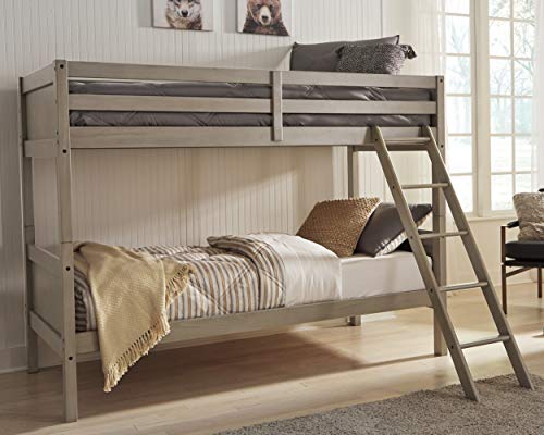 Signature Design by Ashley Lettner Traditional Twin Over Twin Bunk Bed with Ladder, Light Gray