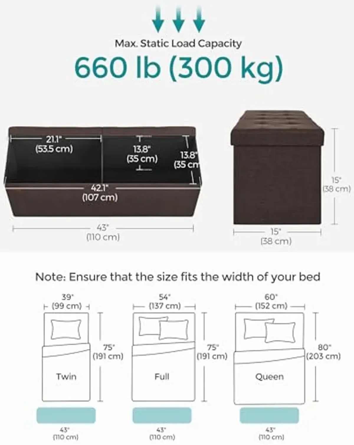 SONGMICS Storage Ottoman Bench, Foldable Ottoman Foot Rest, 15 x 43 x 15 Inches, End of Bed Bench, Storage Chest, Load up to 660 lb, for Living Room, Bedroom, Entryway, Chestnut Brown ULSF77BR