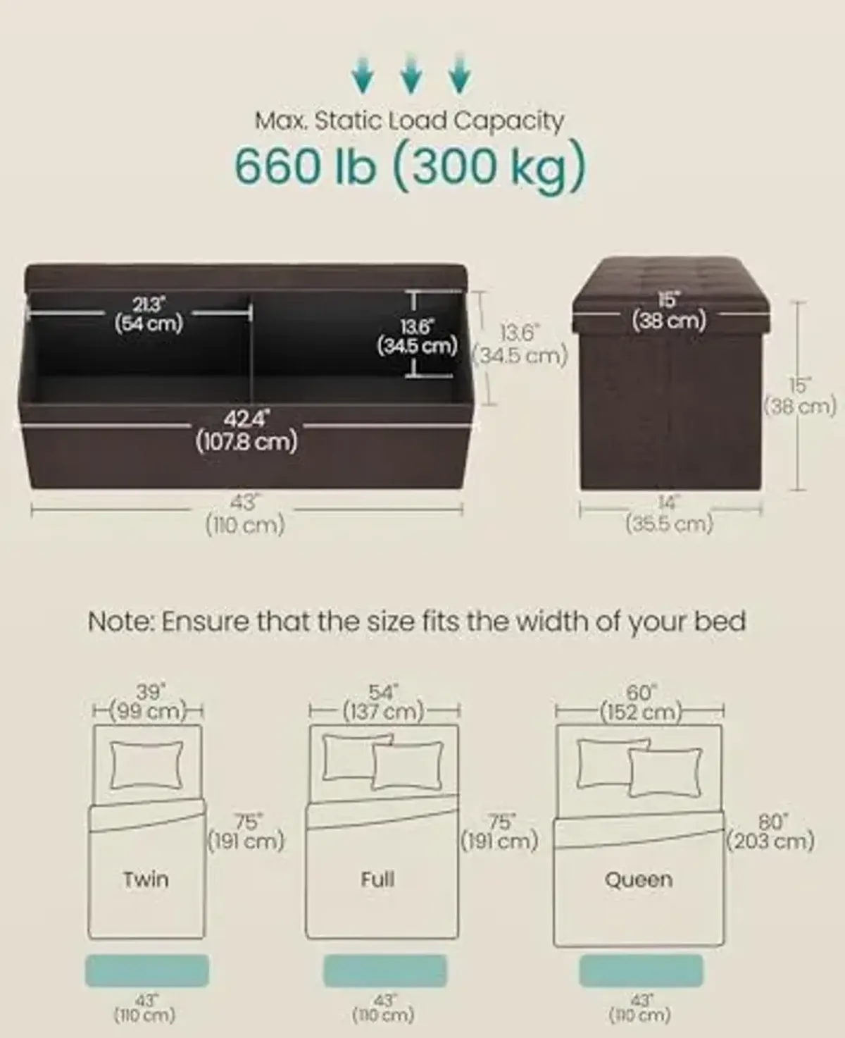 SONGMICS MAZIE Collection - 43 Inches Folding Storage Ottoman Bench, Ottoman Foot Rest, End of Bed Bench, Storage Chest, Load 660 lb, for Living Room, Bedroom, Entryway, Brown ULSF77BR