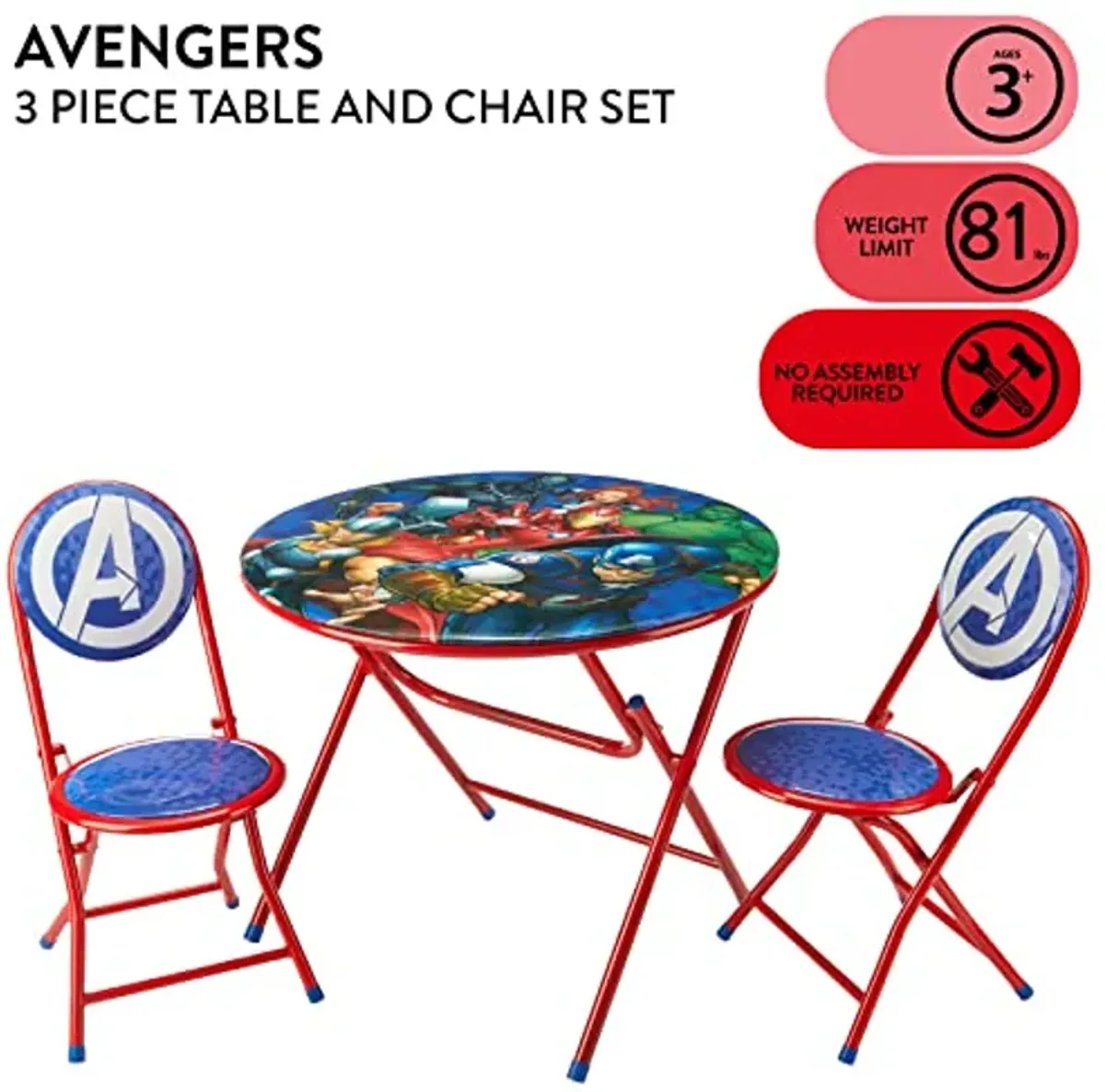 Marvel Avengers 3 Piece Foldable Round Table and Chair Set, Ages 3+