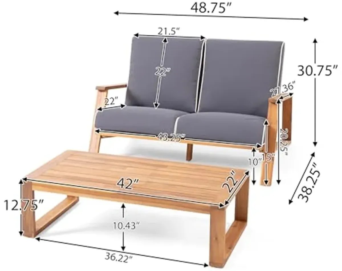 Christopher Knight Home Eartha Outdoor Loveseat Set with Coffee Table, Teak Finish, Dark Gray