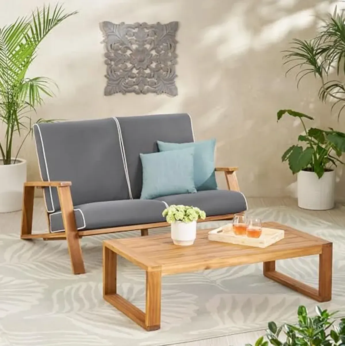 Christopher Knight Home Eartha Outdoor Loveseat Set with Coffee Table, Teak Finish, Dark Gray