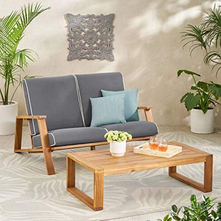 Christopher Knight Home Eartha Outdoor Loveseat Set with Coffee Table, Teak Finish, Dark Gray