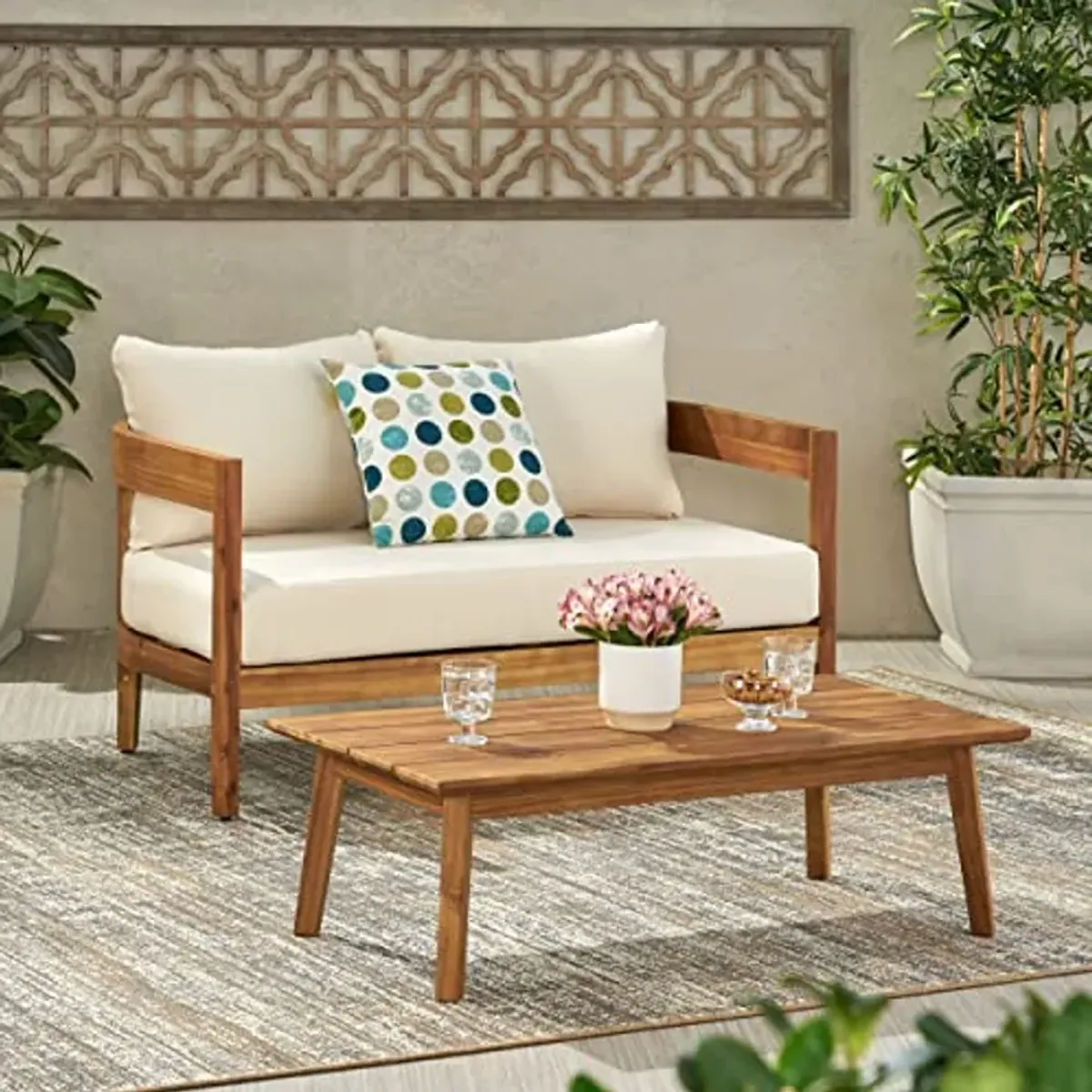 Christopher Knight Home Alina Outdoor Loveseat Set with Coffee Table, 29.50" D x 52.00" W x 31.50" H, Teak Finish, Beige