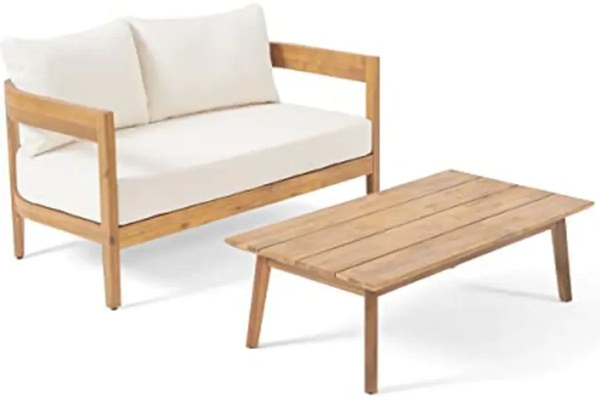 Christopher Knight Home Alina Outdoor Loveseat Set with Coffee Table, 29.50" D x 52.00" W x 31.50" H, Teak Finish, Beige