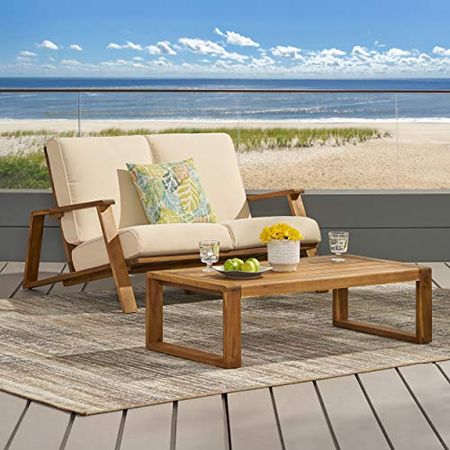 Christopher Knight Home Eartha Outdoor Loveseat Set with Coffee Table, Teak Finish, Beige