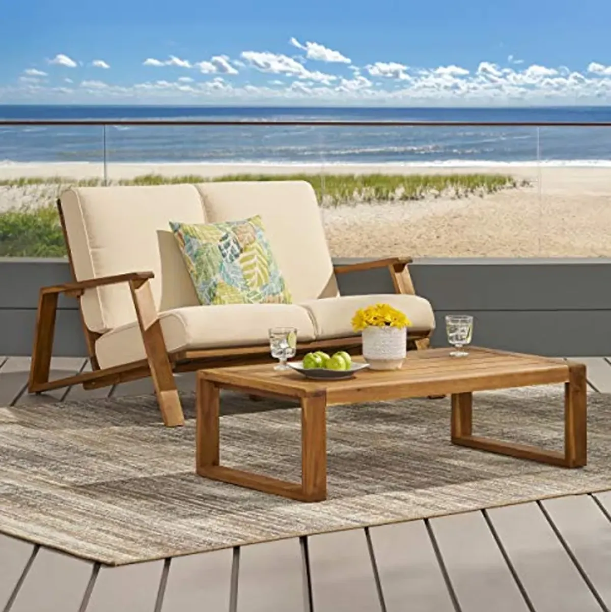 Christopher Knight Home Eartha Outdoor Loveseat Set with Coffee Table, Teak Finish, Beige