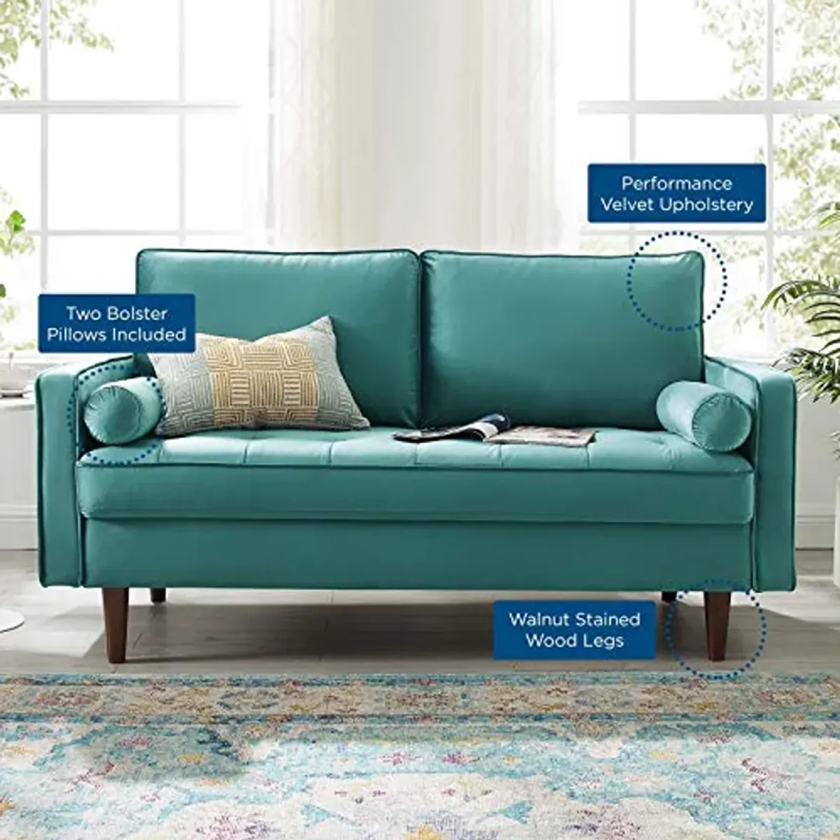 Modway Valour Performance Velvet Loveseat, Teal Valour Performance Velvet Loveseat