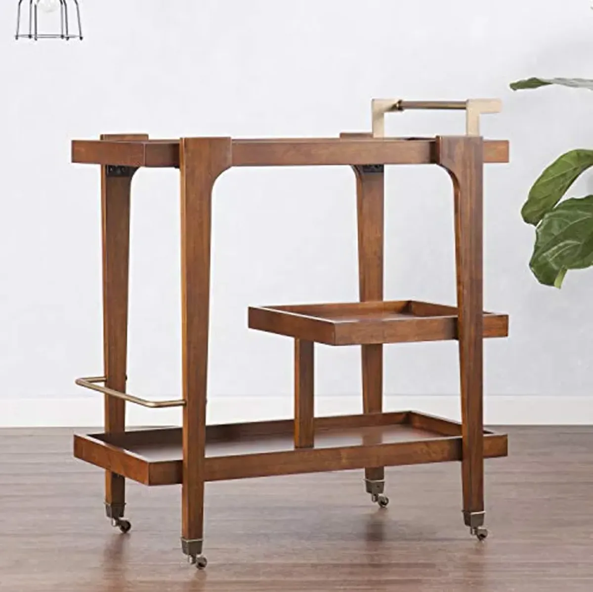 SEI Furniture Holly & Martin Zhori Midcentury Modern 3-Tier Bar cart, Dark Tobacco/Aged Brass