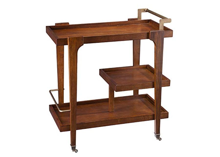 SEI Furniture Holly & Martin Zhori Midcentury Modern 3-Tier Bar cart, Dark Tobacco/Aged Brass