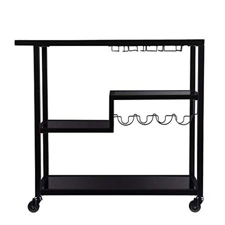SEI Furniture Zephs Metal and Tempered Glass Locking Castor Wheels Bar Cart, Black, Smoky Gray