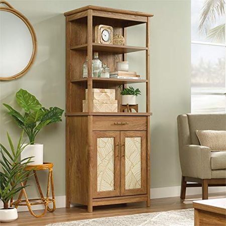 Sauder Coral Cape Wood Tall Bookcase with Doors in Sindoori Mango Brown