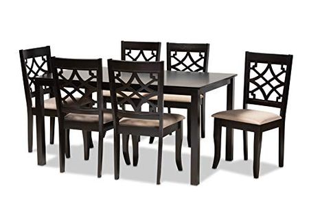 Baxton Studio Mael Dining Set and Dining Set Sand Fabric Upholstered and Espresso Brown Finished Wood 7-Piece Dining Set