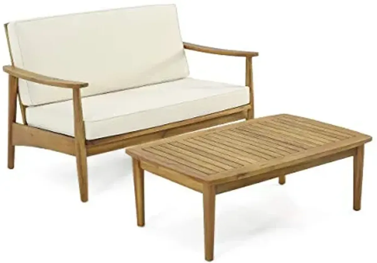 Christopher Knight Home Felix Outdoor Acacia Wood Loveseat Set with Coffee Table, Teak Finish, Beige