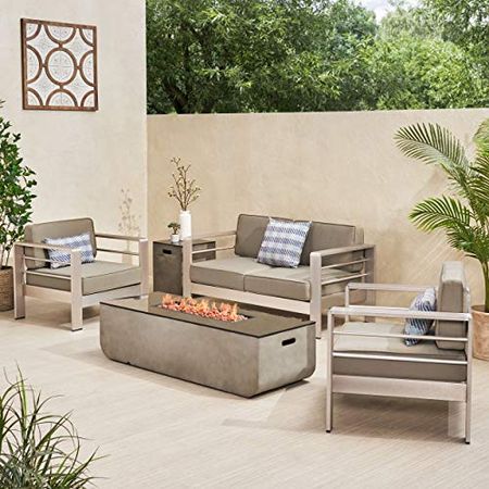 Christopher Knight Home Roseville Outdoor 4 Seater Aluminum Chat Set with Fire Pit, Silver, Khaki, Light Gray, Gloss Black