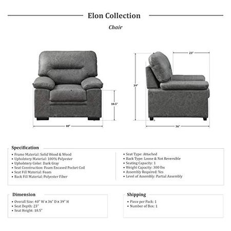 Lexicon Elon 3-Piece Sofa Set, Dark Grey