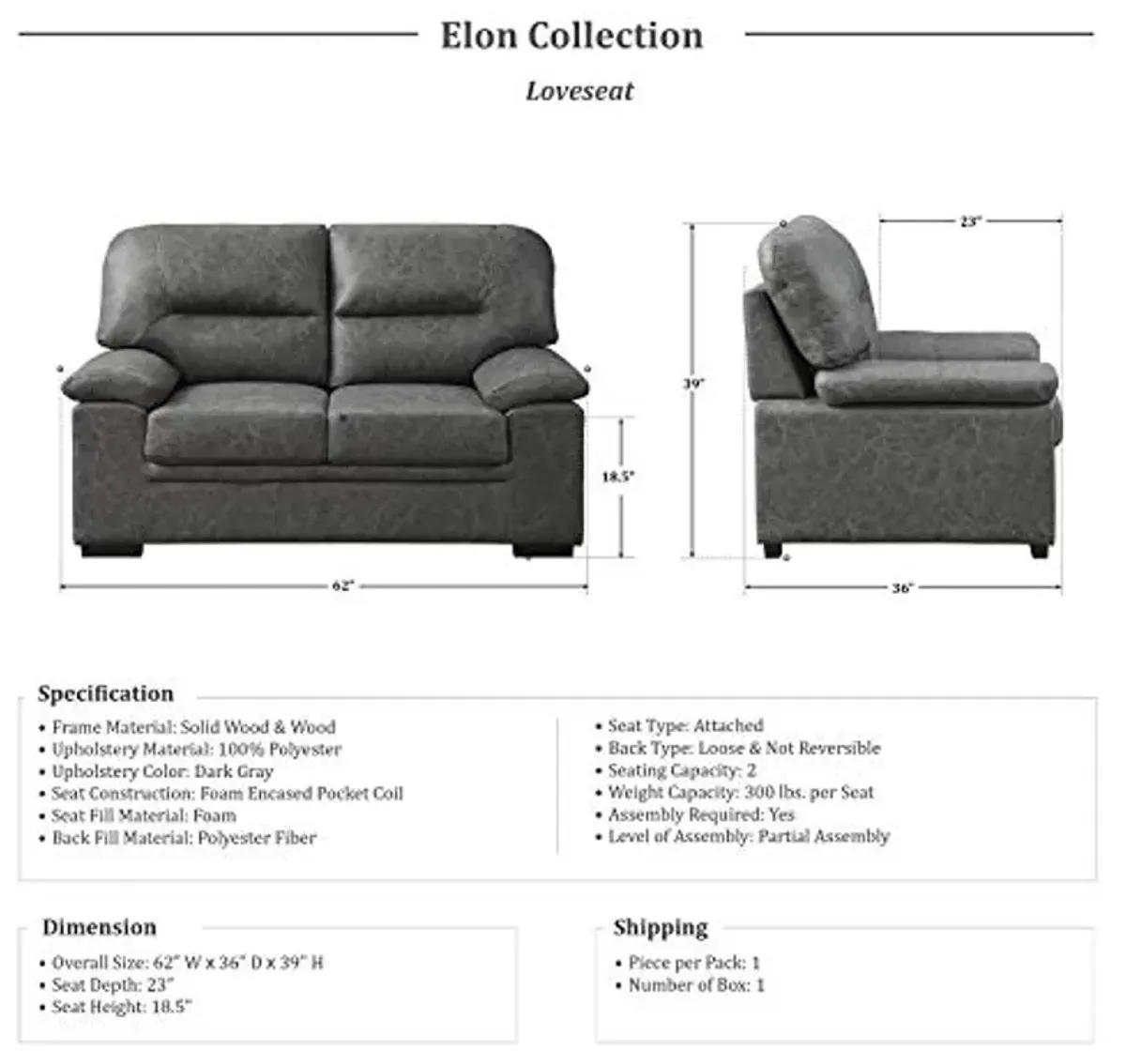 Lexicon Elon Loveseat, Dark Grey