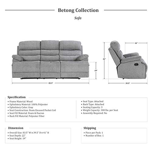 Lexicon Betong 3Piece Living Room Reclining Set, Smoke Grey